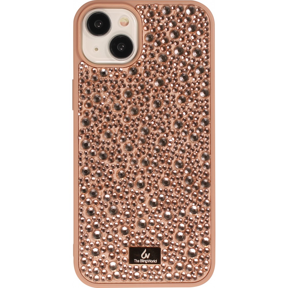 Coque iPhone 15 - Diamant strass The Bling World - Or rose