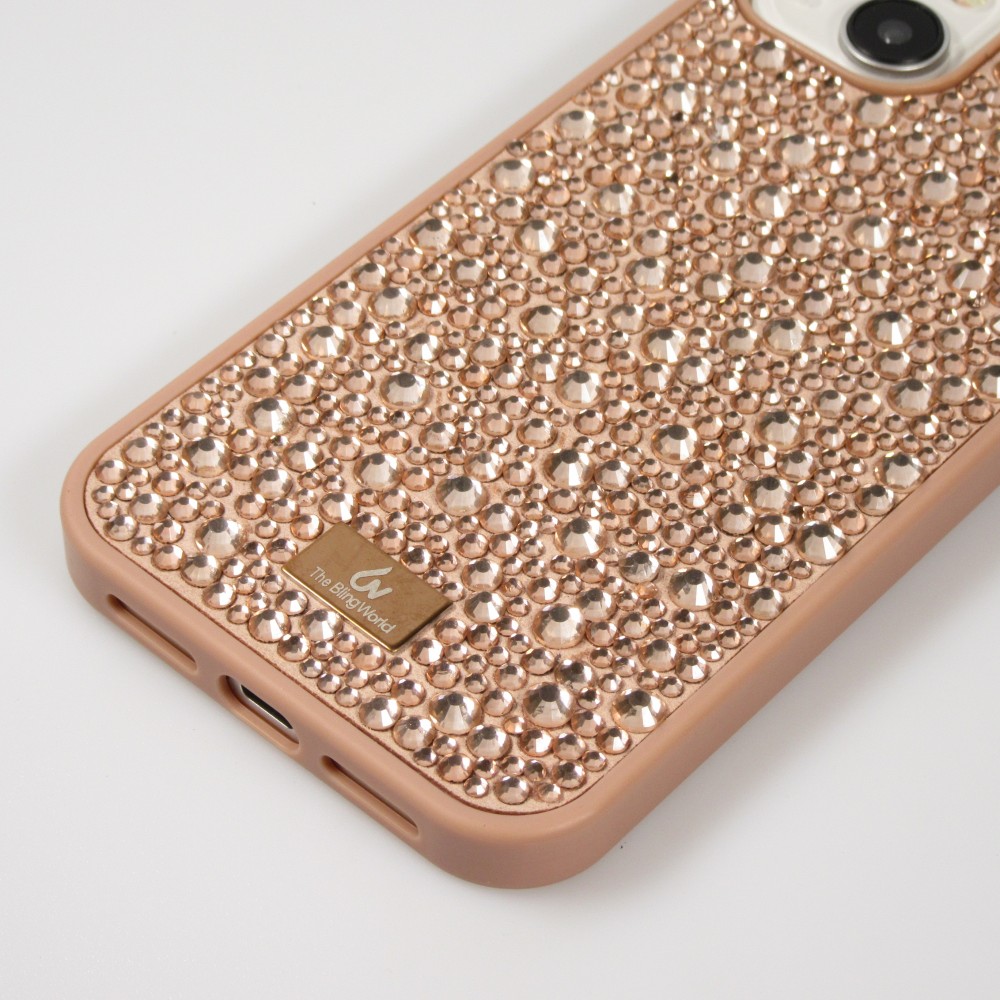 Coque iPhone 15 - Diamant strass The Bling World - Or rose