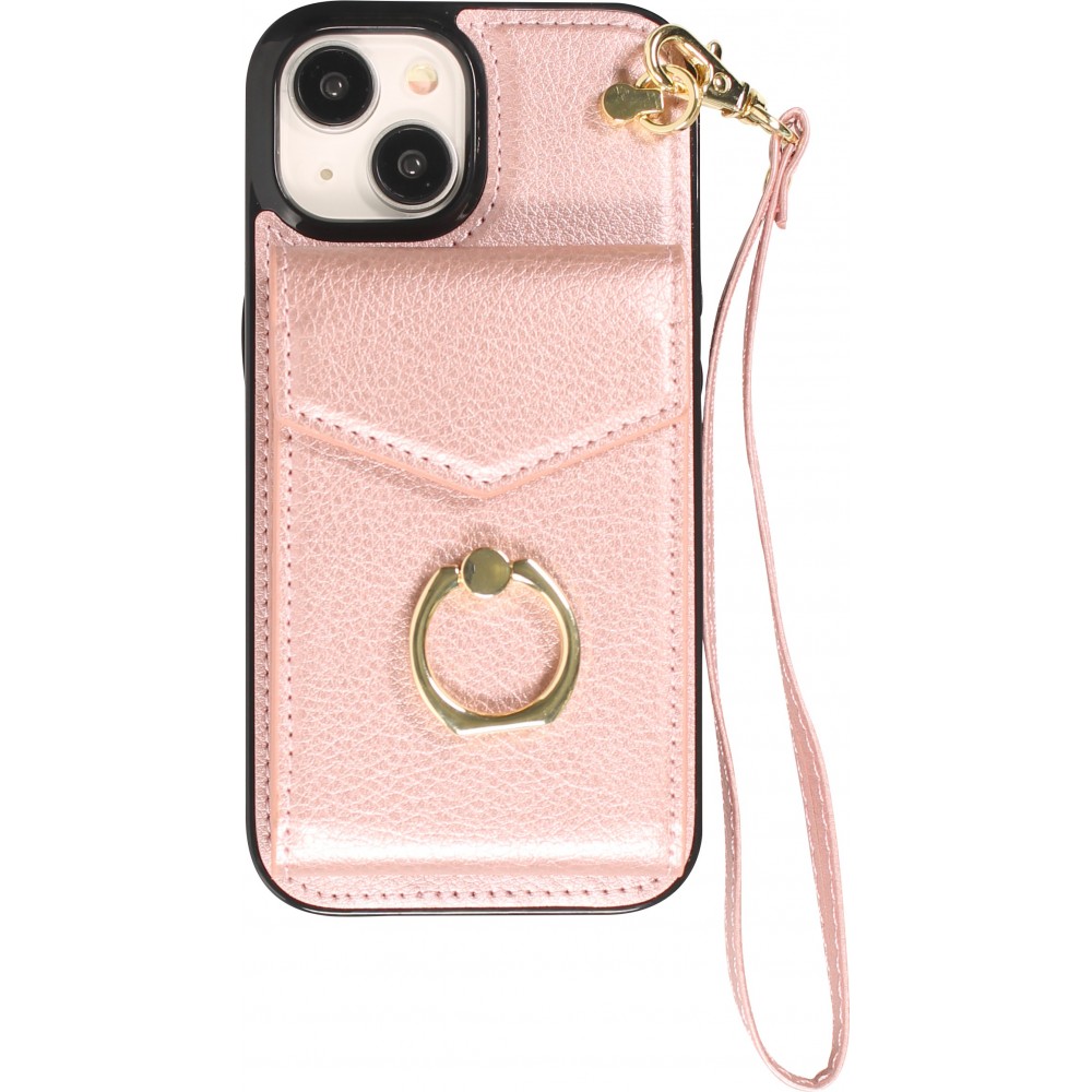 iPhone 15 Case Hülle - DeLuxe elegantes Lederlook Cover mit Wallet + Tragering - Rosa