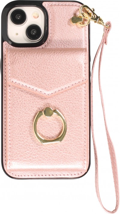iPhone 15 Case Hülle - DeLuxe elegantes Lederlook Cover mit Wallet + Tragering - Rosa