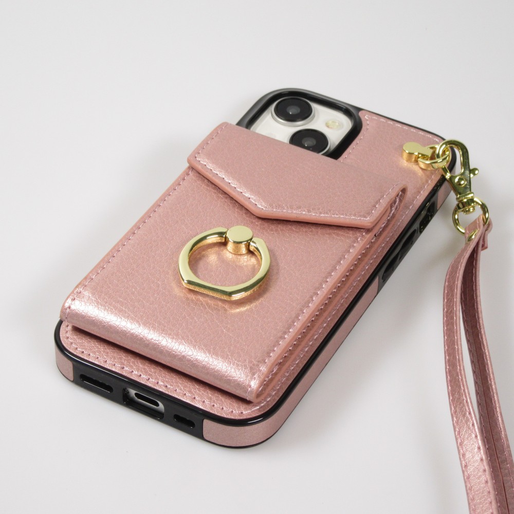 iPhone 15 Case Hülle - DeLuxe elegantes Lederlook Cover mit Wallet + Tragering - Rosa