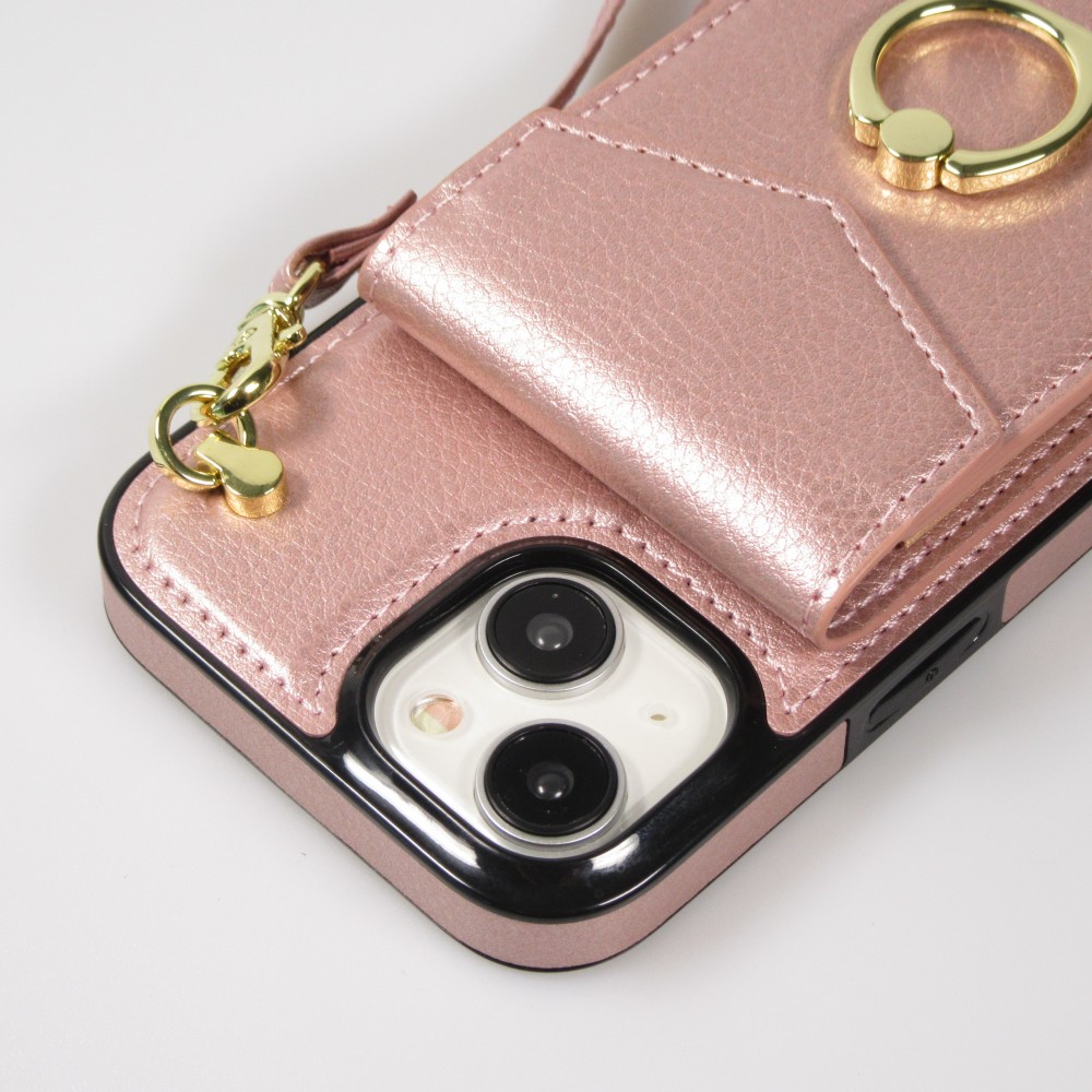 iPhone 15 Case Hülle - DeLuxe elegantes Lederlook Cover mit Wallet + Tragering - Rosa