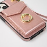 iPhone 15 Case Hülle - DeLuxe elegantes Lederlook Cover mit Wallet + Tragering - Rosa