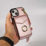 iPhone 15 Case Hülle - DeLuxe elegantes Lederlook Cover mit Wallet + Tragering - Rosa