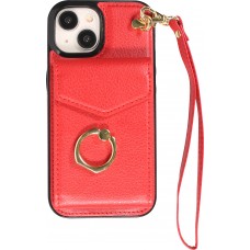 Coque iPhone 15 Plus - Etui élégant look cuir DeLuxe avec portefeuille + anneau de support - Rouge