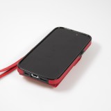 Coque iPhone 15 Plus - Etui élégant look cuir DeLuxe avec portefeuille + anneau de support - Rouge