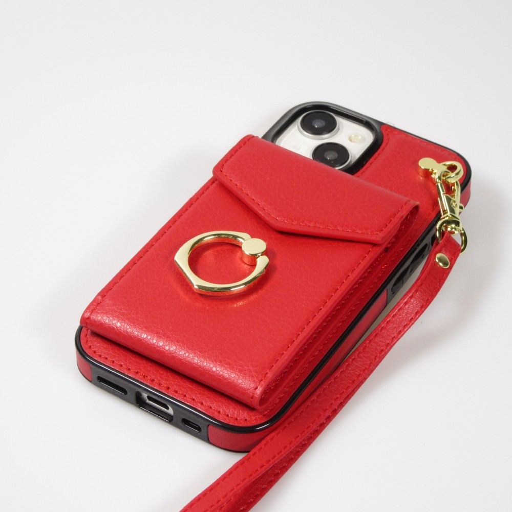 Coque iPhone 15 Plus - Etui élégant look cuir DeLuxe avec portefeuille + anneau de support - Rouge