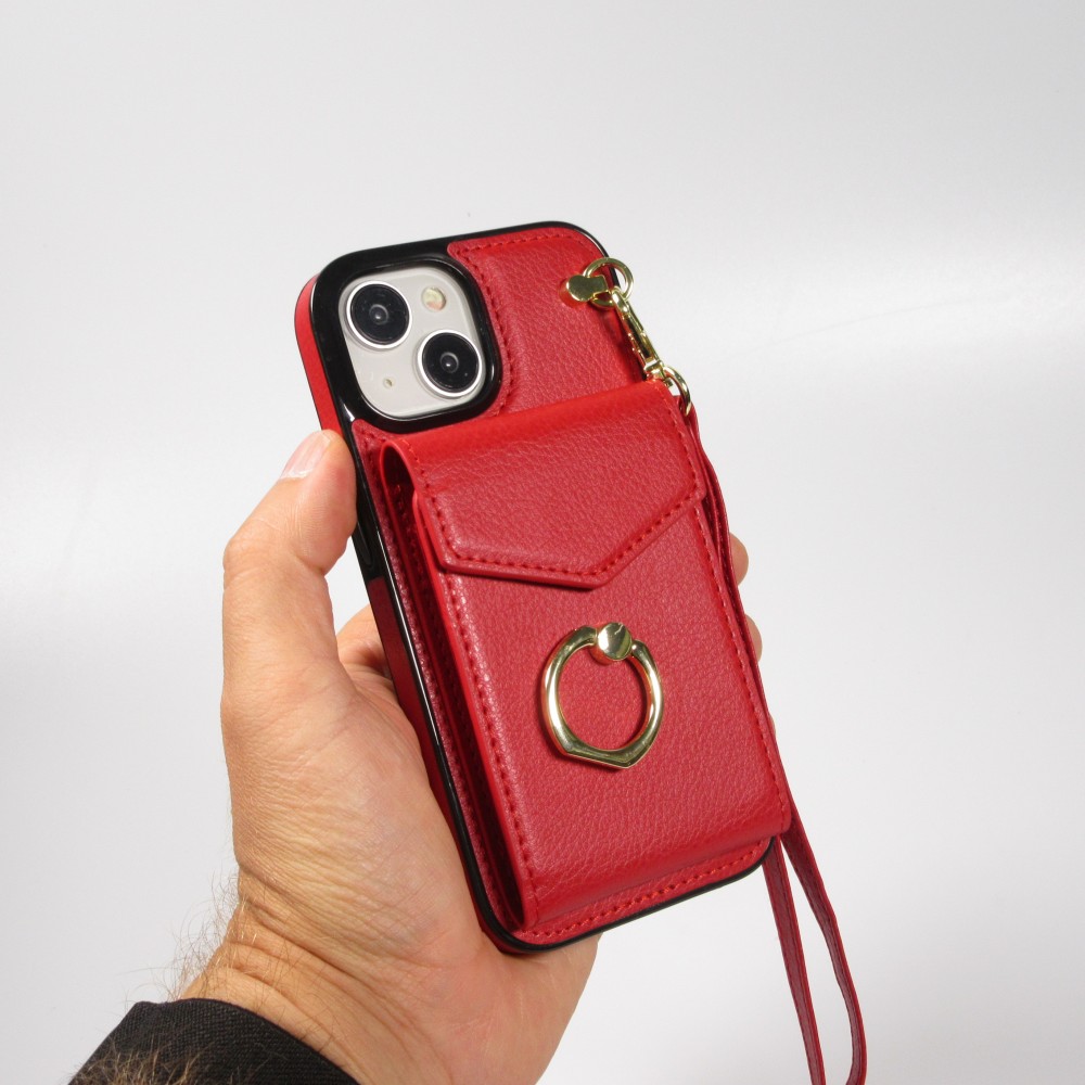 Coque iPhone 15 - Etui élégant look cuir DeLuxe avec portefeuille + anneau de support - Rouge