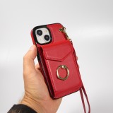 Coque iPhone 15 - Etui élégant look cuir DeLuxe avec portefeuille + anneau de support - Rouge