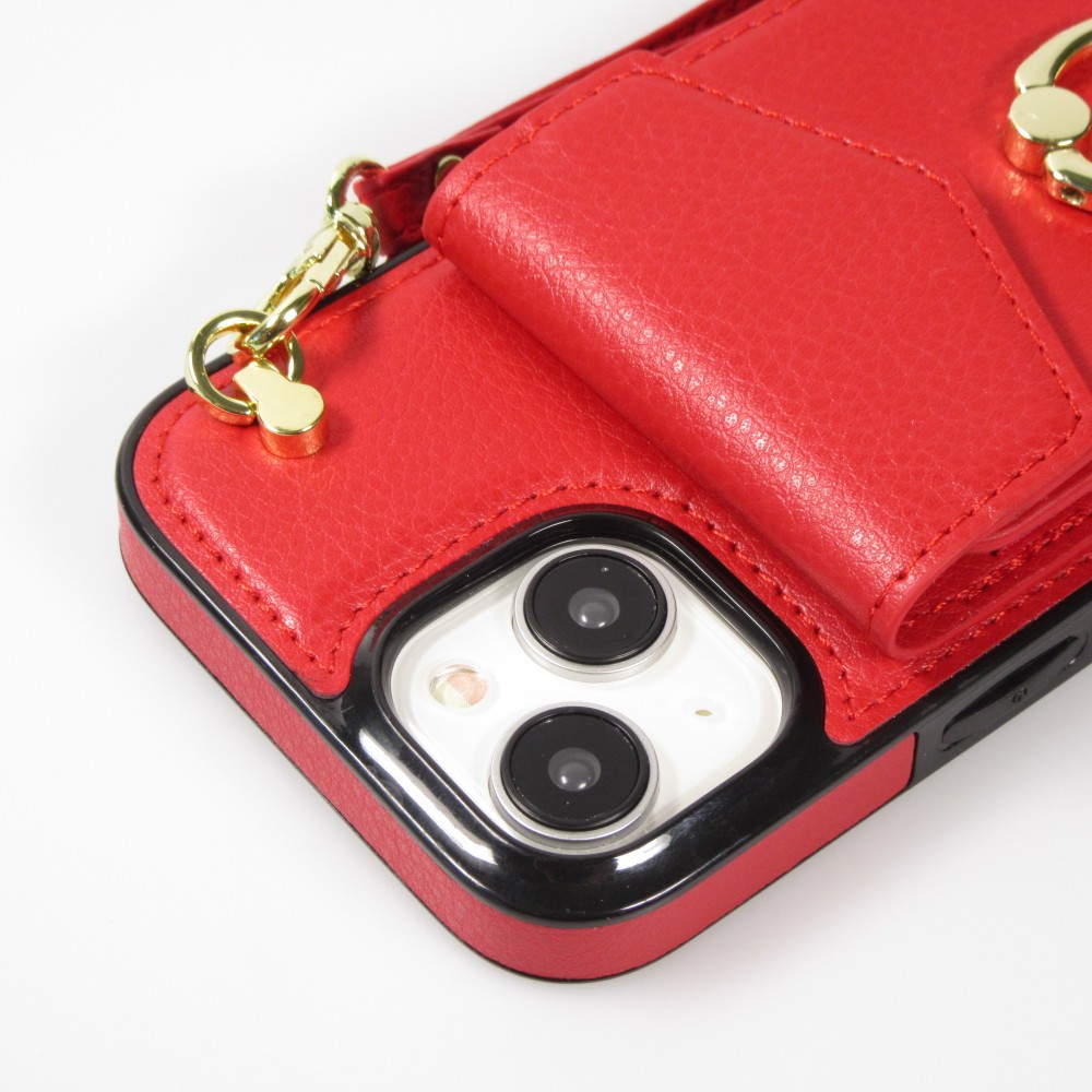 Coque iPhone 15 - Etui élégant look cuir DeLuxe avec portefeuille + anneau de support - Rouge
