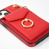 Coque iPhone 15 Plus - Etui élégant look cuir DeLuxe avec portefeuille + anneau de support - Rouge