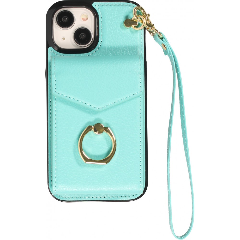 Coque iPhone 15 Plus - Etui élégant look cuir DeLuxe avec portefeuille + anneau de support - Turquoise