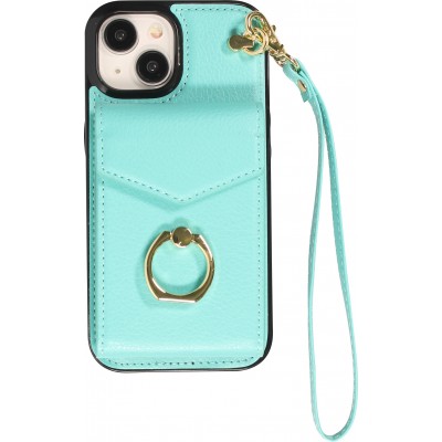 iPhone 15 Case Hülle - DeLuxe elegantes Lederlook Cover mit Wallet + Tragering - Türkis