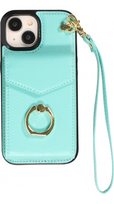 Coque iPhone 15 Plus - Etui élégant look cuir DeLuxe avec portefeuille + anneau de support - Turquoise