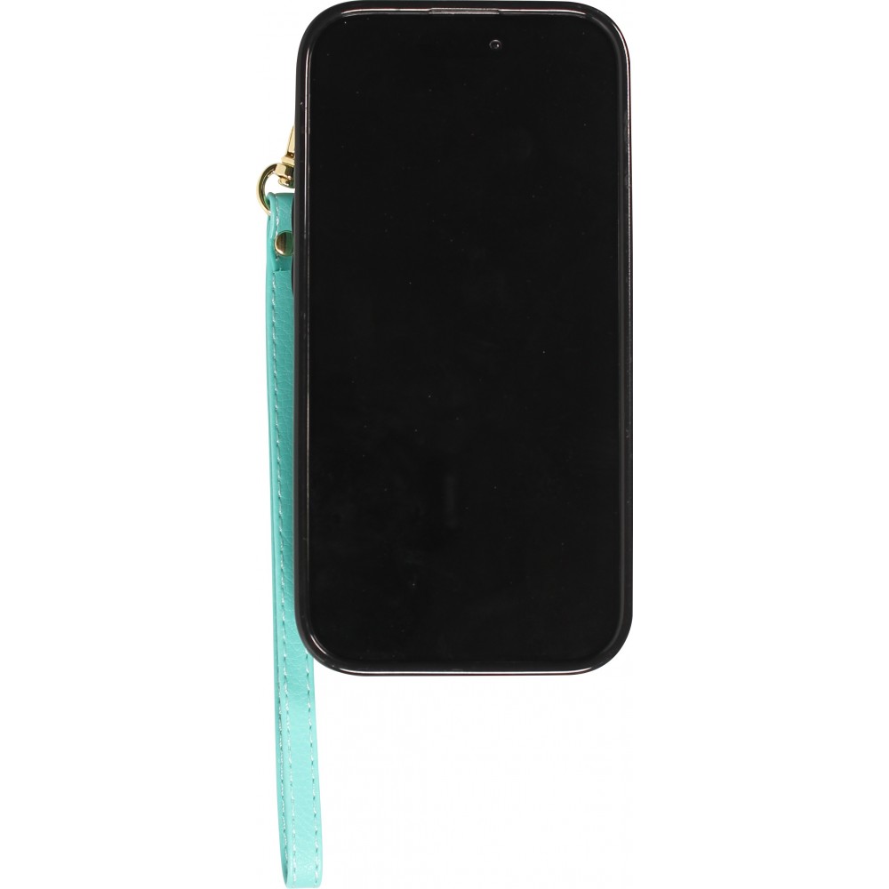 Coque iPhone 15 Plus - Etui élégant look cuir DeLuxe avec portefeuille + anneau de support - Turquoise