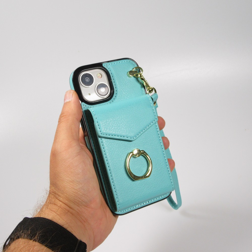 iPhone 15 Case Hülle - DeLuxe elegantes Lederlook Cover mit Wallet + Tragering - Türkis