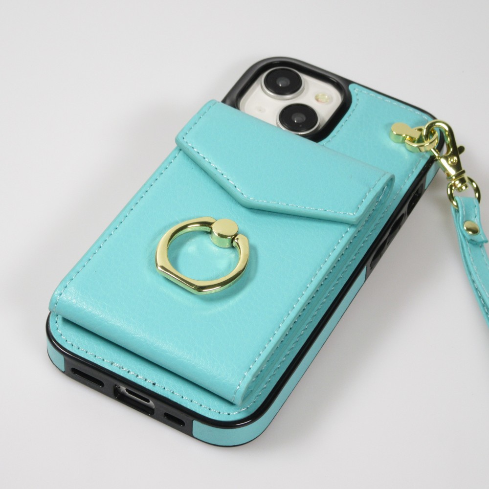 iPhone 15 Case Hülle - DeLuxe elegantes Lederlook Cover mit Wallet + Tragering - Türkis