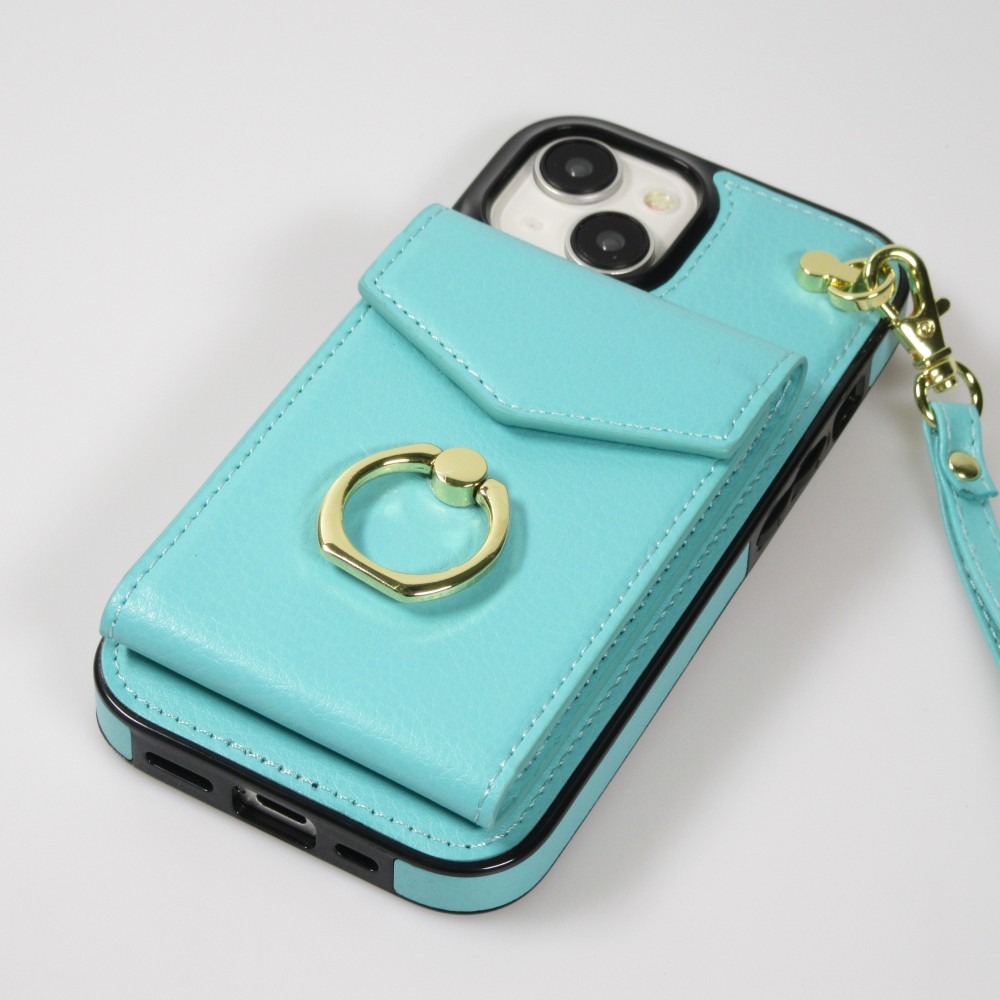 Coque iPhone 15 Plus - Etui élégant look cuir DeLuxe avec portefeuille + anneau de support - Turquoise