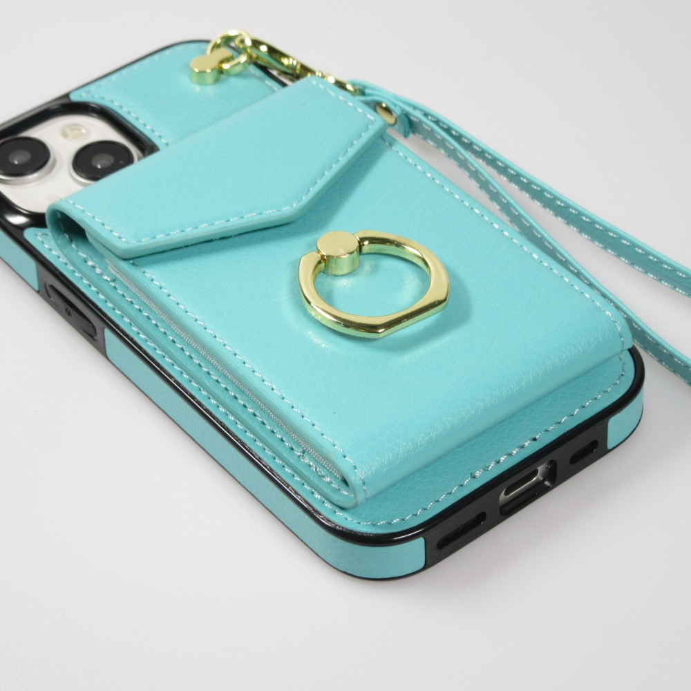 iPhone 15 Case Hülle - DeLuxe elegantes Lederlook Cover mit Wallet + Tragering - Türkis
