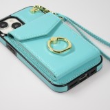 Coque iPhone 15 Plus - Etui élégant look cuir DeLuxe avec portefeuille + anneau de support - Turquoise