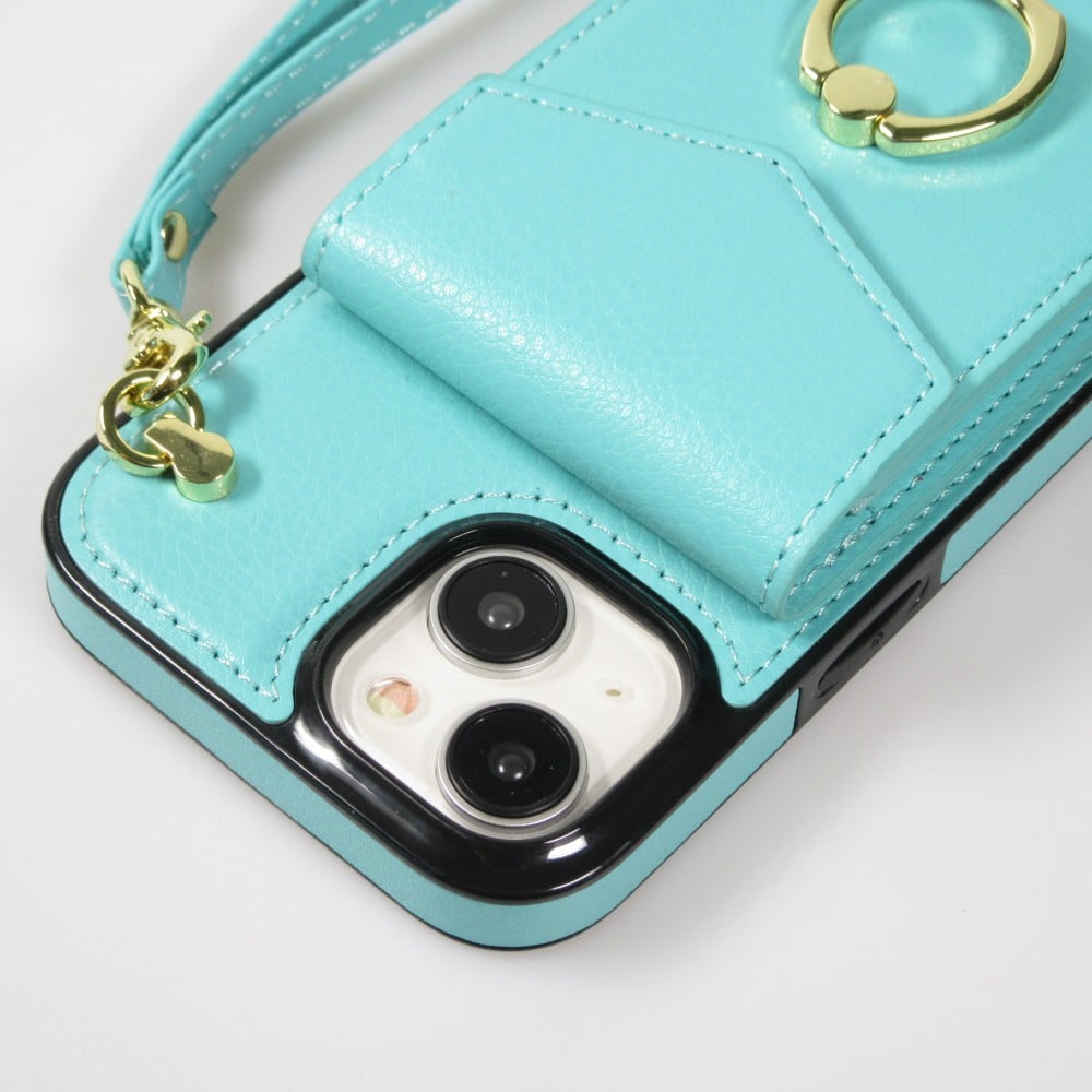 Coque iPhone 15 Plus - Etui élégant look cuir DeLuxe avec portefeuille + anneau de support - Turquoise