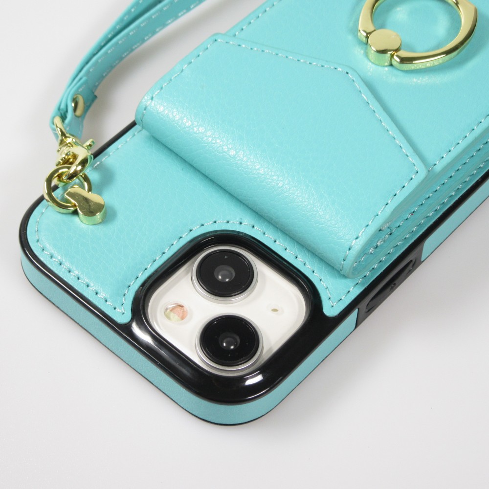 iPhone 15 Case Hülle - DeLuxe elegantes Lederlook Cover mit Wallet + Tragering - Türkis