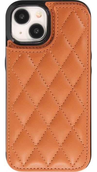 iPhone 15 Case Hülle - Silikon case mit Kunstleder Oberfläche und aufklappbarem Portemonnaie - Braun