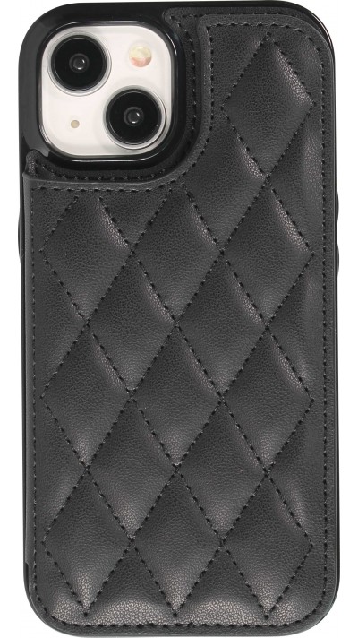 iPhone 15 Case Hülle - Silikon case mit Kunstleder Oberfläche und aufklappbarem Portemonnaie - Schwarz
