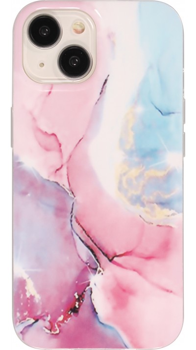 Coque iPhone 15 - Gel Glossy Marbre - Rose/bleu