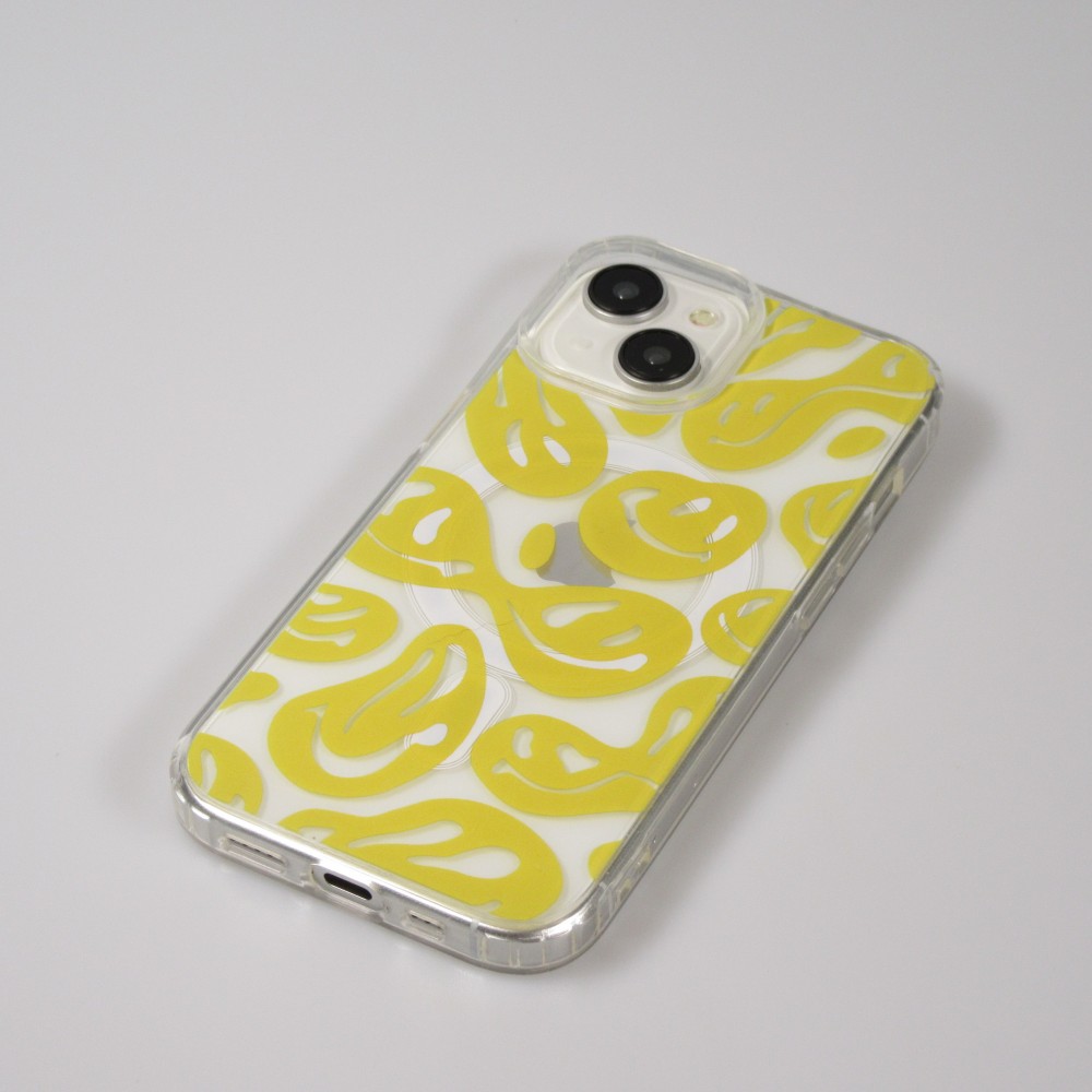 iPhone 15 Case Hülle - Gummi Silikon MagSafe transparent Liquid Smiley - Gelb