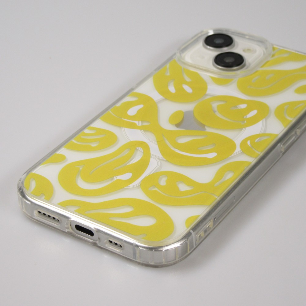 iPhone 15 Case Hülle - Gummi Silikon MagSafe transparent Liquid Smiley - Gelb