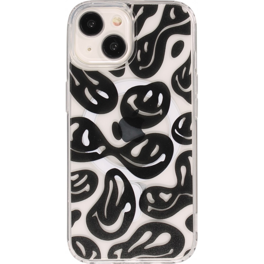 iPhone 15 Case Hülle - Gummi Silikon MagSafe transparent Liquid Smiley - Schwarz