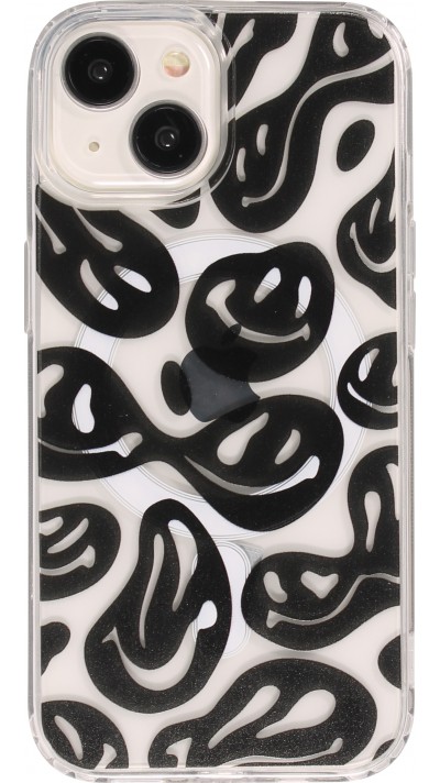 Coque iPhone 15 - Gel silicone MagSafe transparent Liquid Smiley - Noir