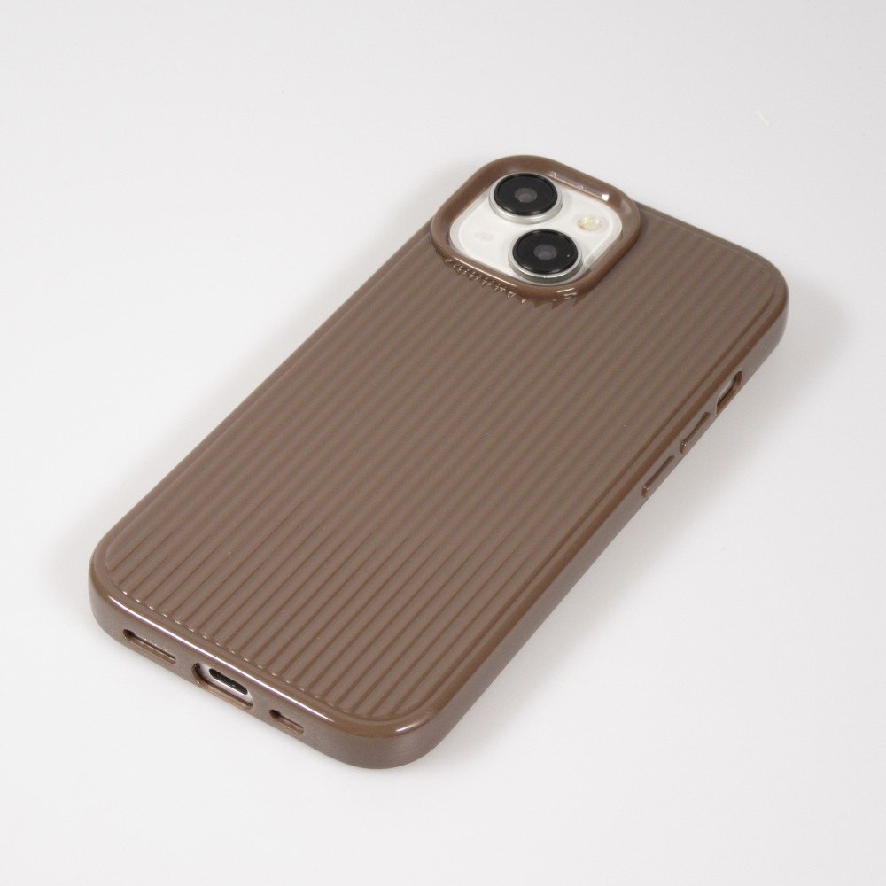 Coque iPhone 15 - Gel silicone brillant avec lignes texturées - Brun