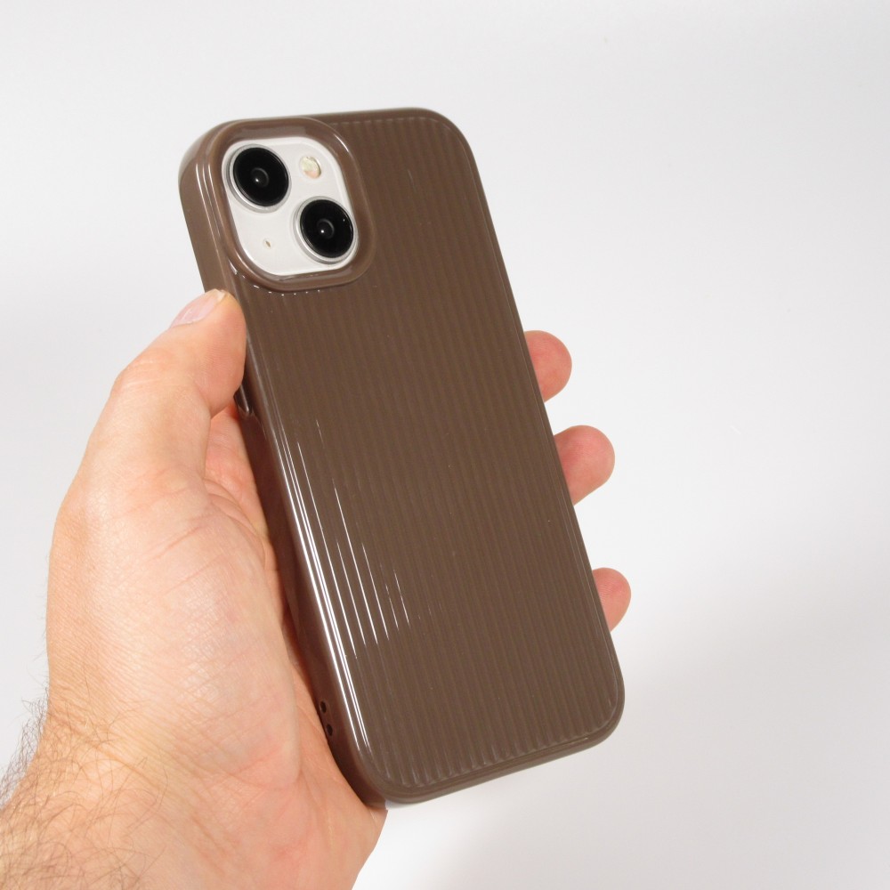 Coque iPhone 15 - Gel silicone brillant avec lignes texturées - Brun