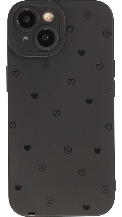 Coque iPhone 15 - Gel silicone souple avec protection caméra - Many hearts - Noir