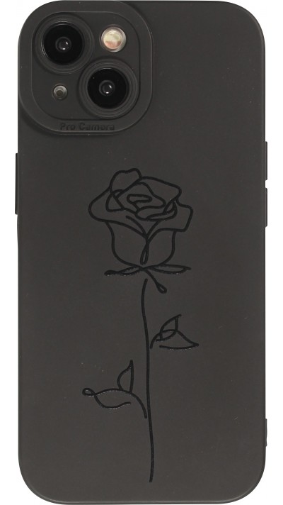 iPhone 15 Case Hülle - Weiches Silikongel mit Kameraschutz - Minimalistische Rose - Schwarz
