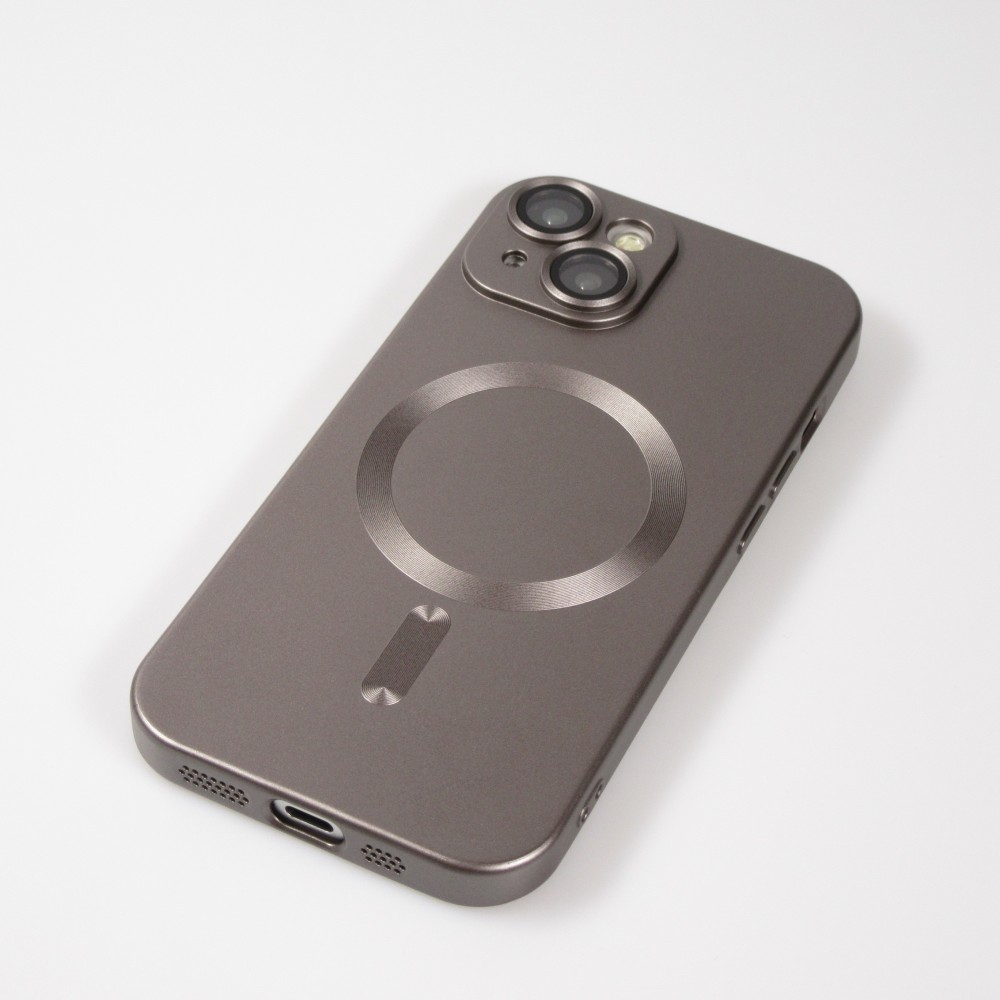 Coque iPhone 15 Plus - Gel souple avec vitre de protection caméra MagSafe - Gris foncé