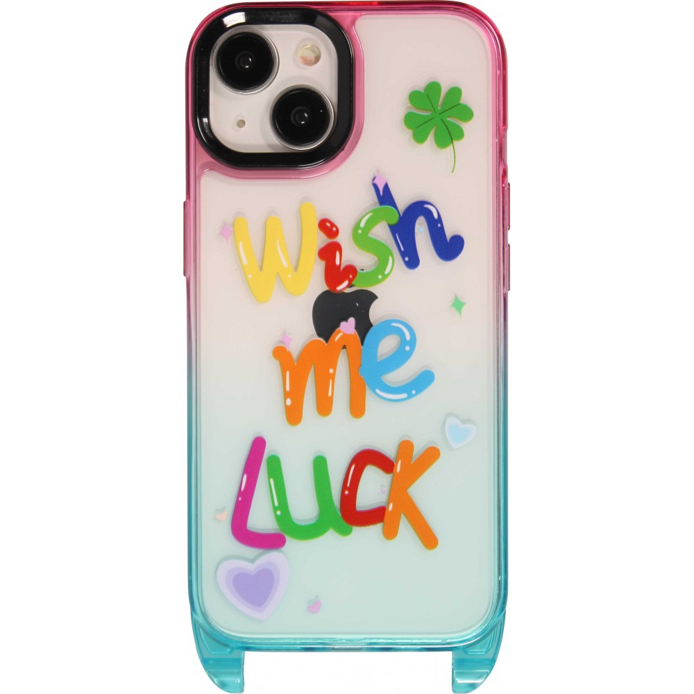 Coque iPhone 15 - Gel transparent WISH ME LUCK avec crochet pour lanière (sans lanière) - Rose/bleu