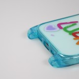 Coque iPhone 15 - Gel transparent WISH ME LUCK avec crochet pour lanière (sans lanière) - Rose/bleu
