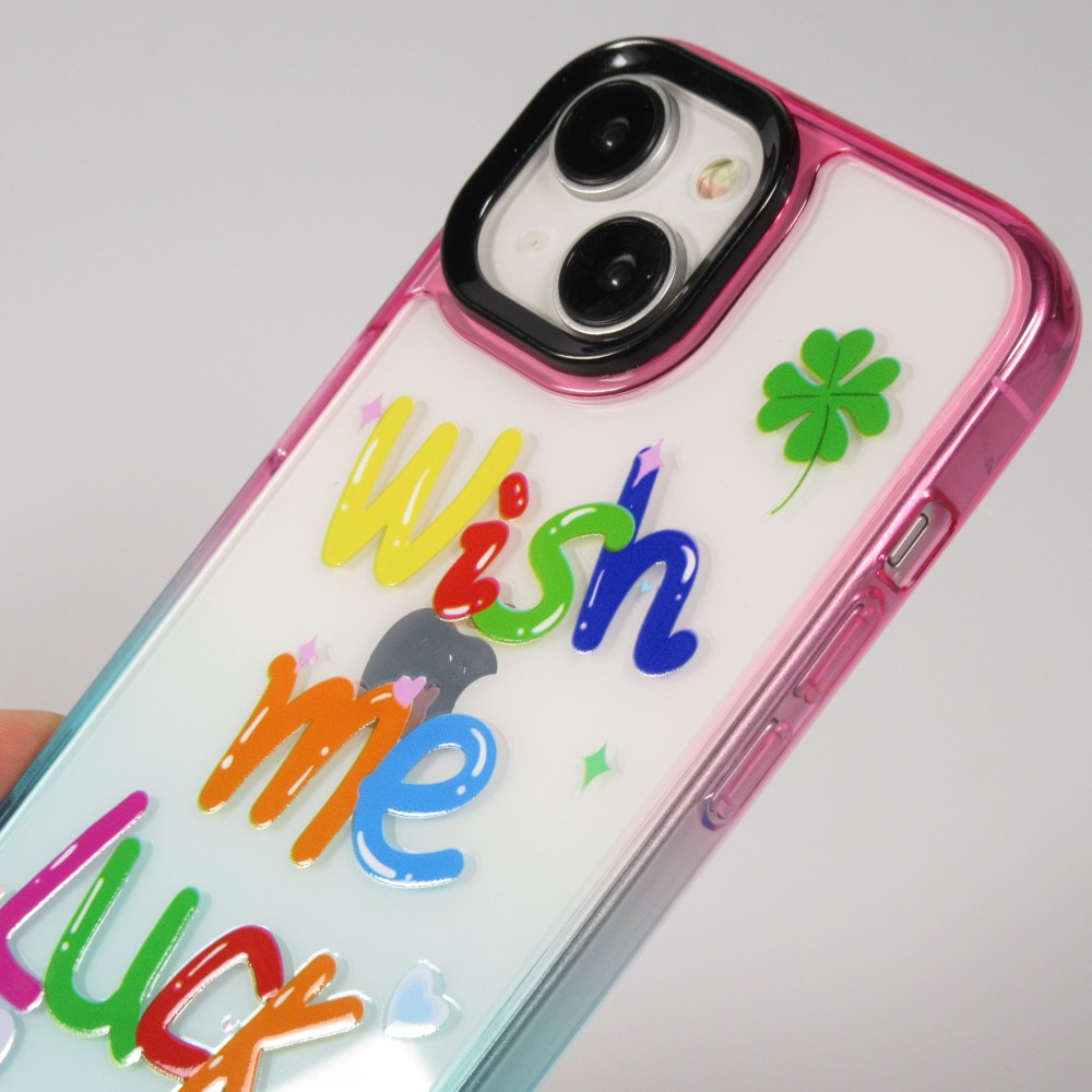 Coque iPhone 15 - Gel transparent WISH ME LUCK avec crochet pour lanière (sans lanière) - Rose/bleu