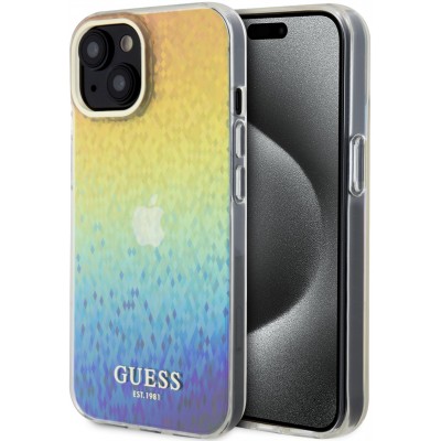 Coque iPhone 15 - Guess dégradé de multifacettes miroir irisé style disco avec logo doré - Multicolore