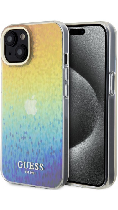 Coque iPhone 15 - Guess dégradé de multifacettes miroir irisé style disco avec logo doré - Multicolore