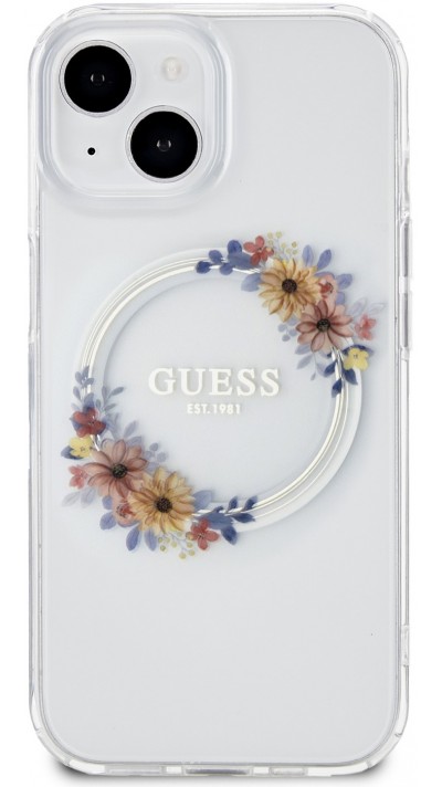 iPhone 15 Case Hülle - Guess Hartgel mit MagSafe Blumen und Goldlogo - Transparent