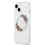 Coque iPhone 15 - Guess gel rigide avec MagSafe fleurs et logo doré - Transparent