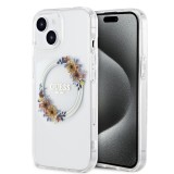 Coque iPhone 15 - Guess gel rigide avec MagSafe fleurs et logo doré - Transparent
