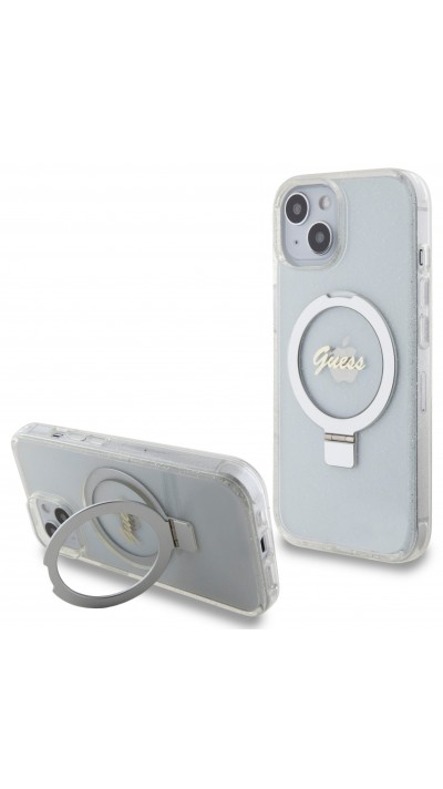 Coque iPhone 15 - Guess gel rigide pailleté avec anneau support MagSafe amovible et logo doré - Transparent