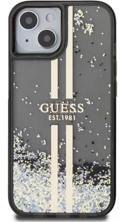 Coque iPhone 15 - Guess gel rigide paillettes liquides or et argent avec logo doré - Noir
