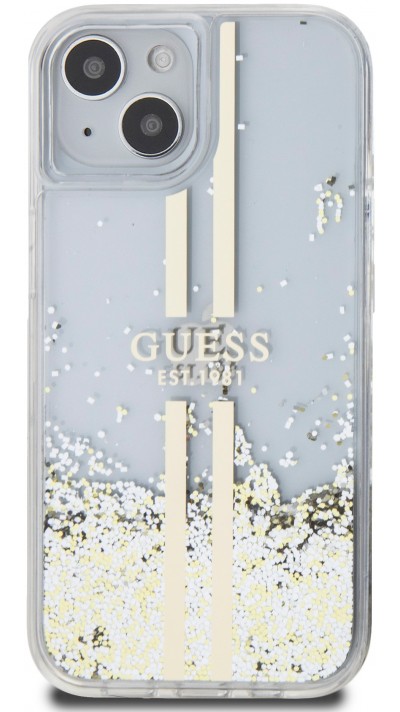 Coque iPhone 15 - Guess gel rigide paillettes liquides or et argent avec logo doré - Transparent