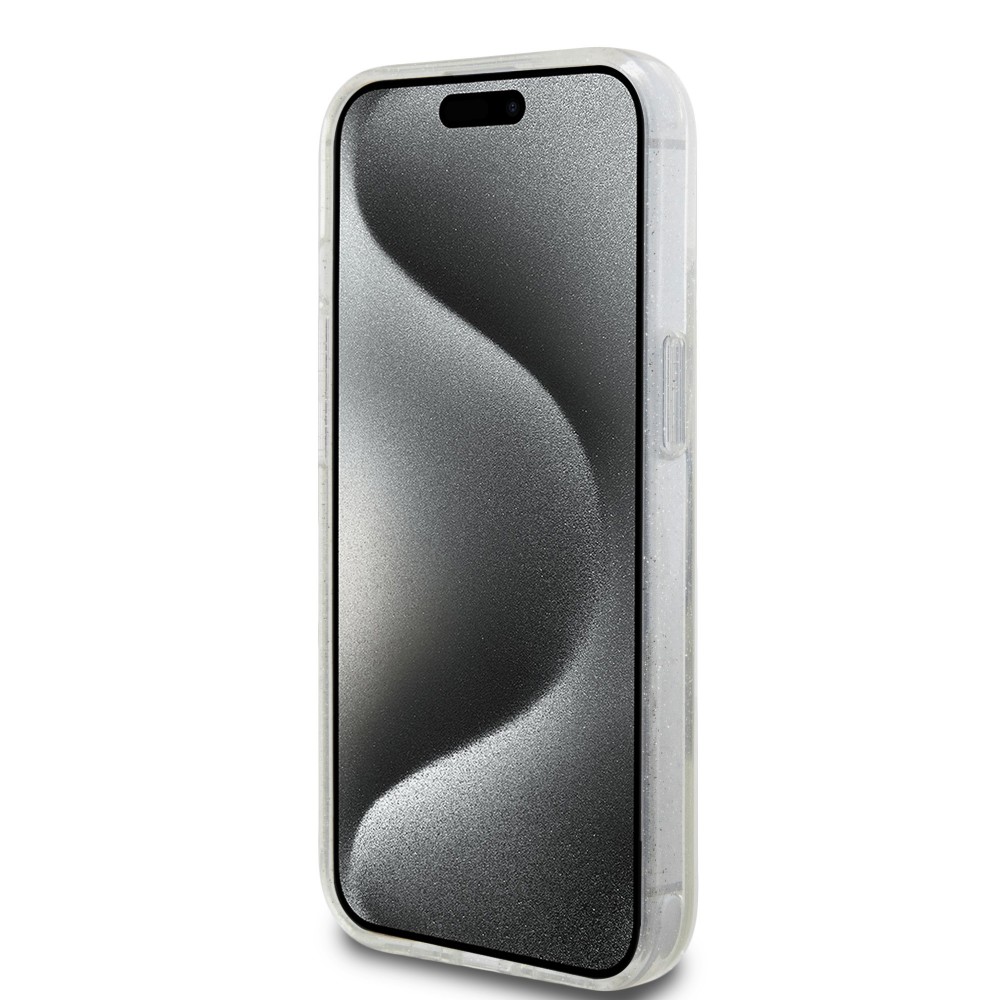 Coque iPhone 15 - Guess gel rigide paillettes liquides or et argent avec logo doré - Transparent